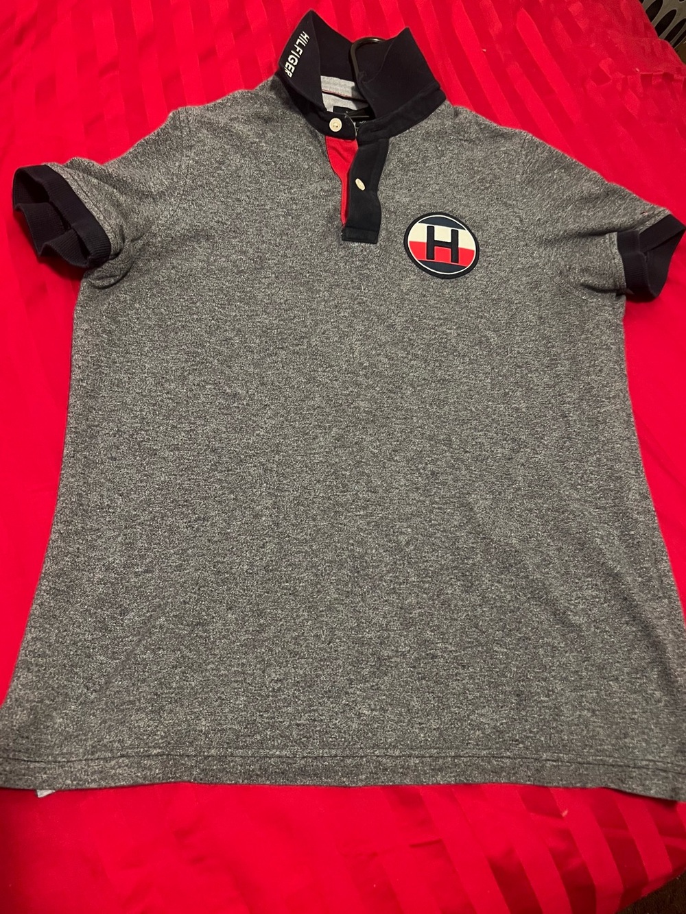 Tommy Hilfiger Heather Gray Polo with Navy Collar and Red Placket
